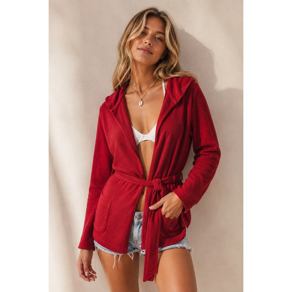 Lucky Brand Red 100% Cotton Hooded Wrap Jacket Beach Cover Up Size M Y2K